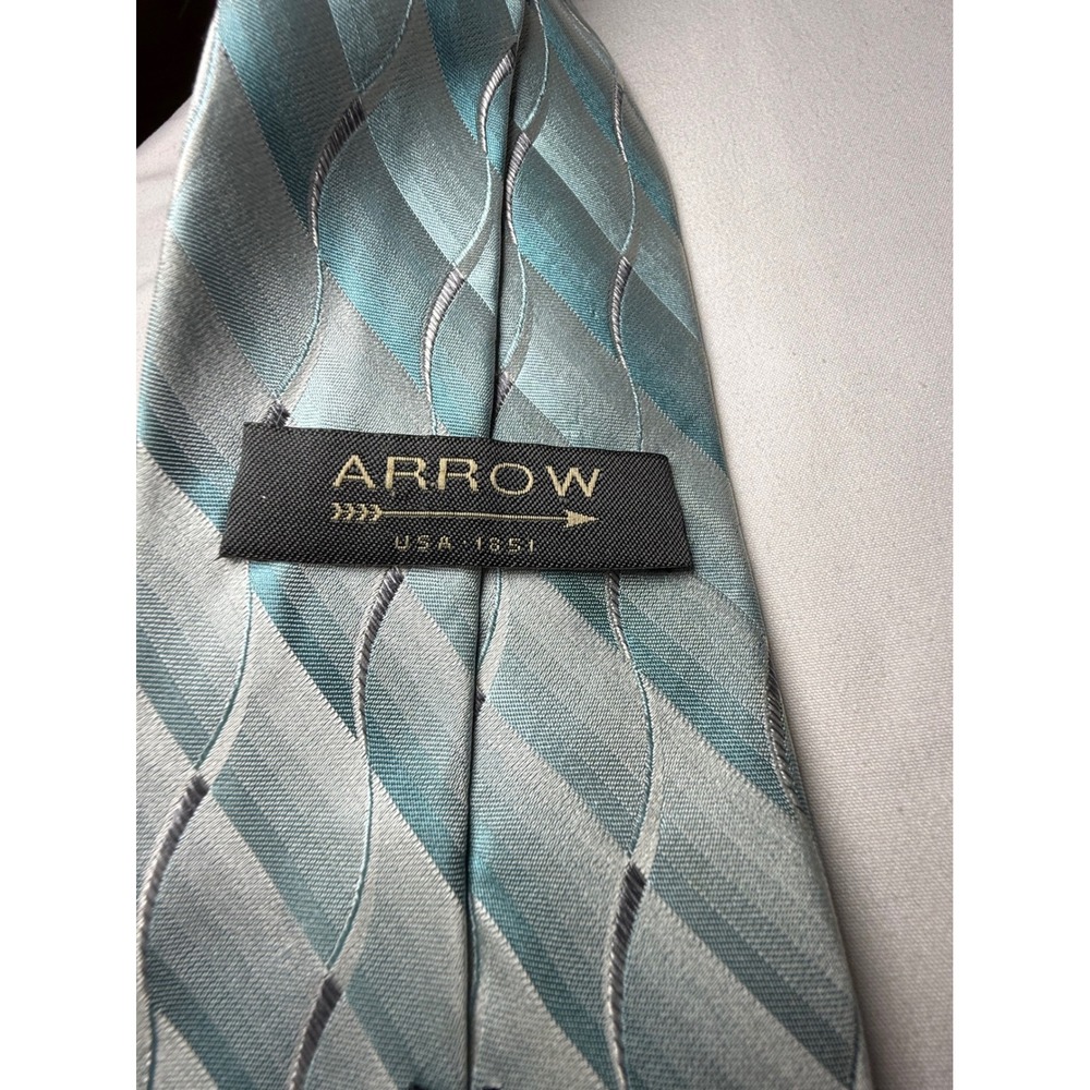 ARROW USA 1851 Men's Teal Blue Geometric‎ Wave Pattern Silk Blend Necktie - Picture 6 of 8